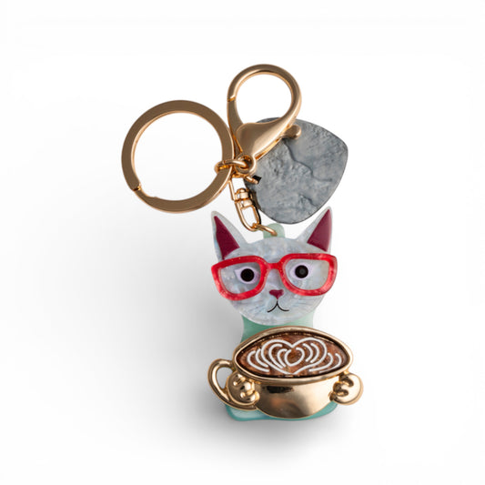 Portachiavi in metallo con pendente  gatto con occhiali in acrilico