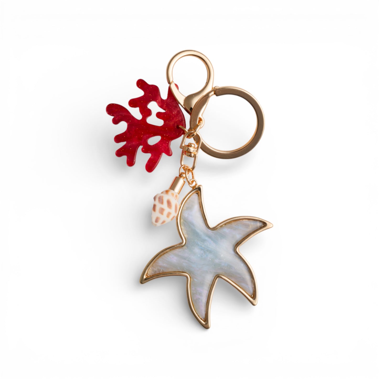 Portachiavi in metallo con stella marina e charms in acrilico