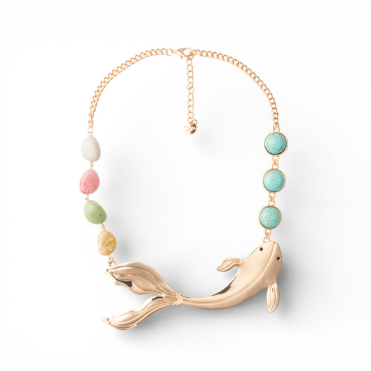 Collana girocollo a catena con pesciolino in metallo e pietre dure multi