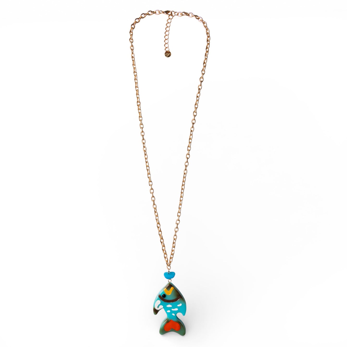 Collana lunga a catena con pendente in acrilico azzurro a forma di pesciolino