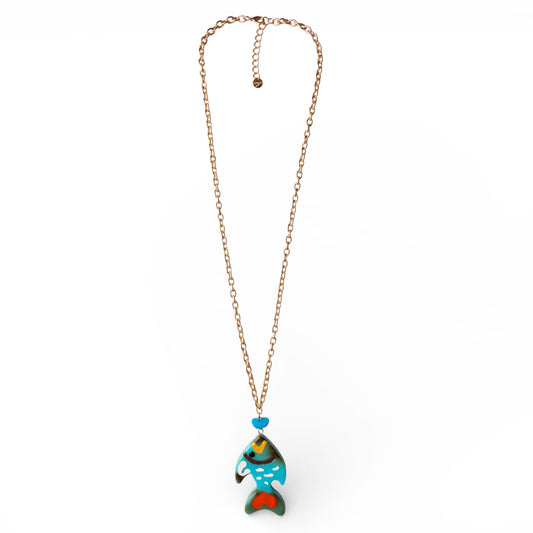 Collana lunga a catena con pendente in acrilico azzurro a forma di pesciolino