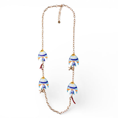 Collana lunga a catena con inserti a forma di pesciolino in acrilico
