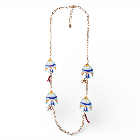Collana lunga a catena con inserti a forma di pesciolino in acrilico