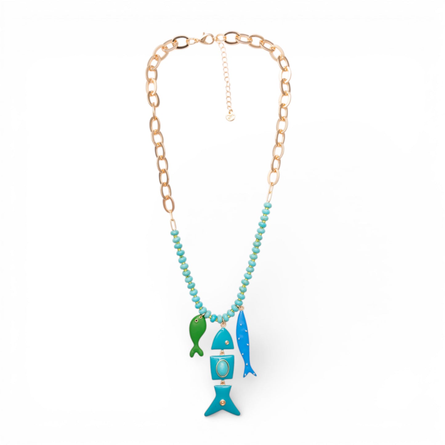 Collana a catena con pietre in vetro turchesi, con pendenti marini smaltati