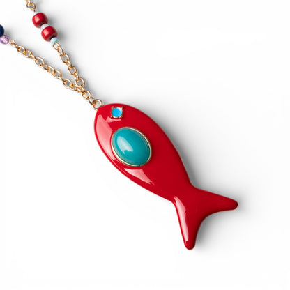 Collana lunga a catena sottile con pendente pesciolino smaltato rosso
