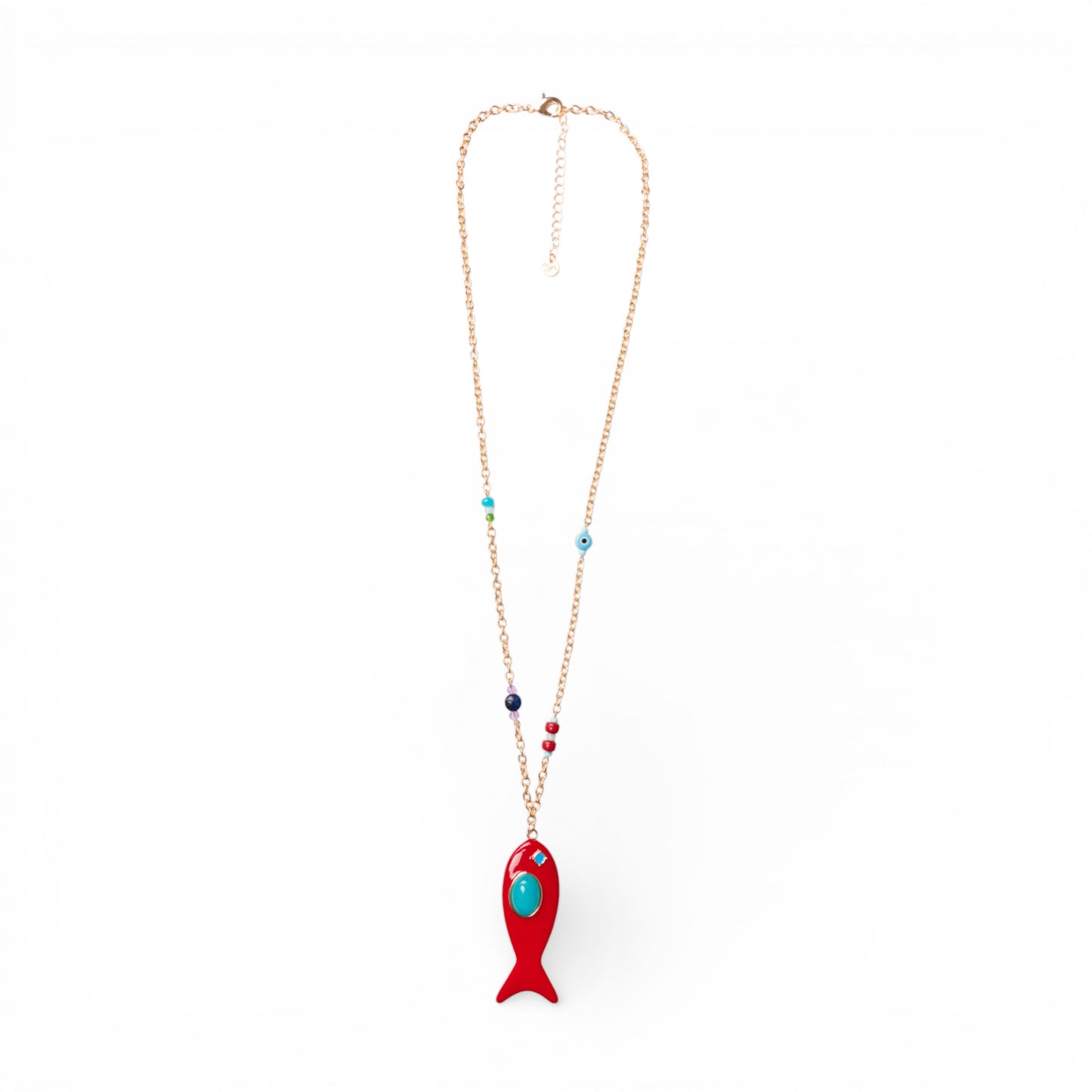 Collana lunga a catena sottile con pendente pesciolino smaltato rosso