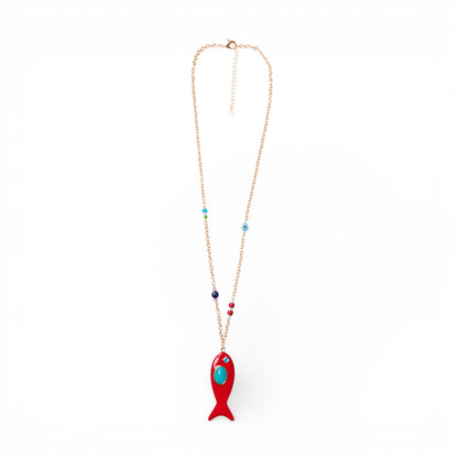 Collana lunga a catena sottile con pendente pesciolino smaltato rosso