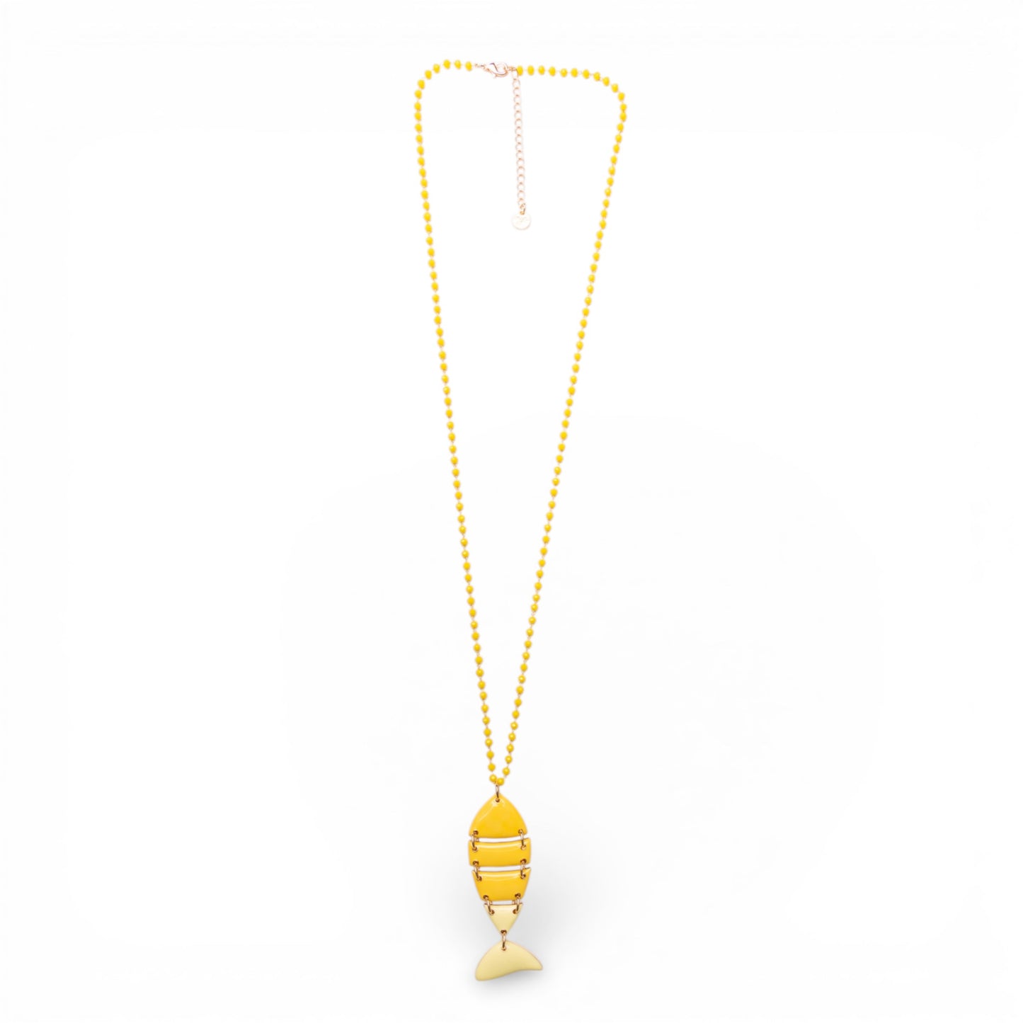 Collana lunga con pietre in vetro gialle e pendente a pesciolino smaltato