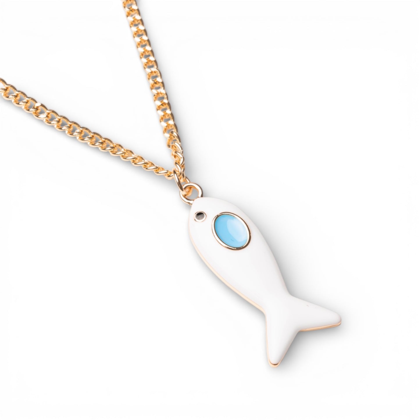 Collana girocollo a catena sottile con pendente pesciolino smaltato bianco ed azzurro