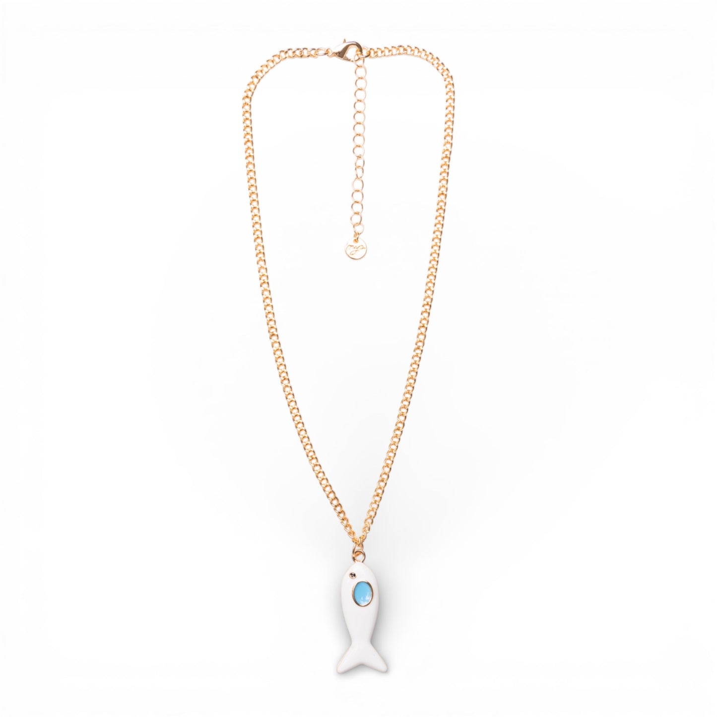 Collana girocollo a catena sottile con pendente pesciolino smaltato bianco ed azzurro