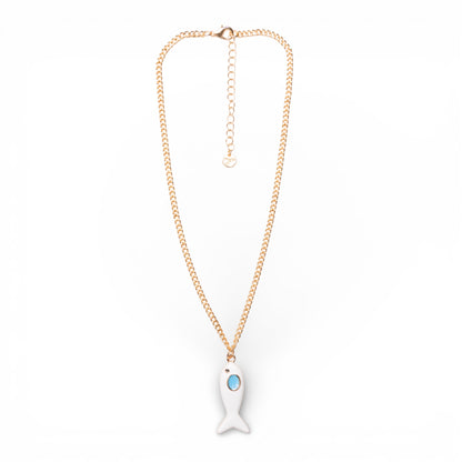 Collana girocollo a catena sottile con pendente pesciolino smaltato bianco ed azzurro