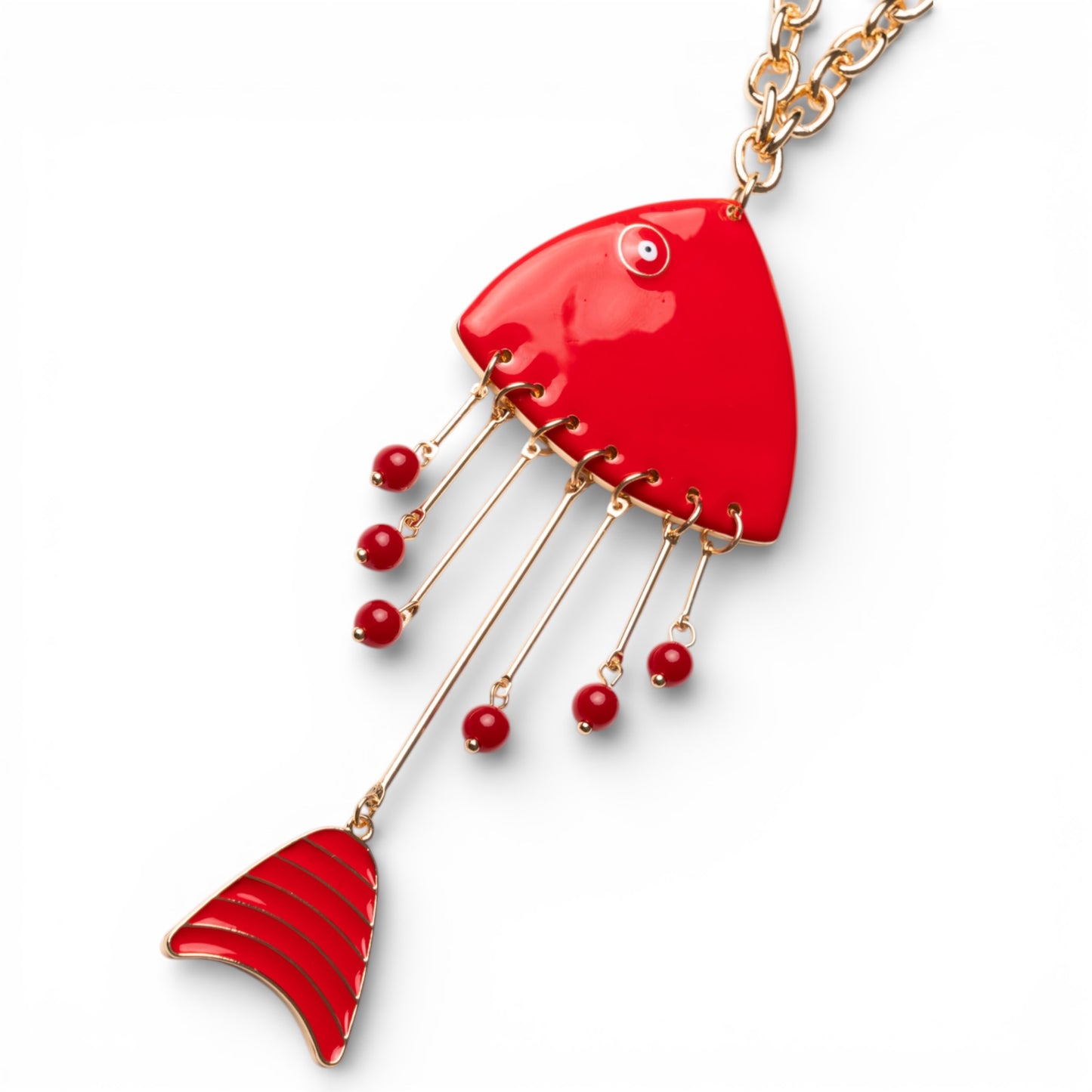 Collana lunga a catena sottile con pendente pesciolino smaltato rosso