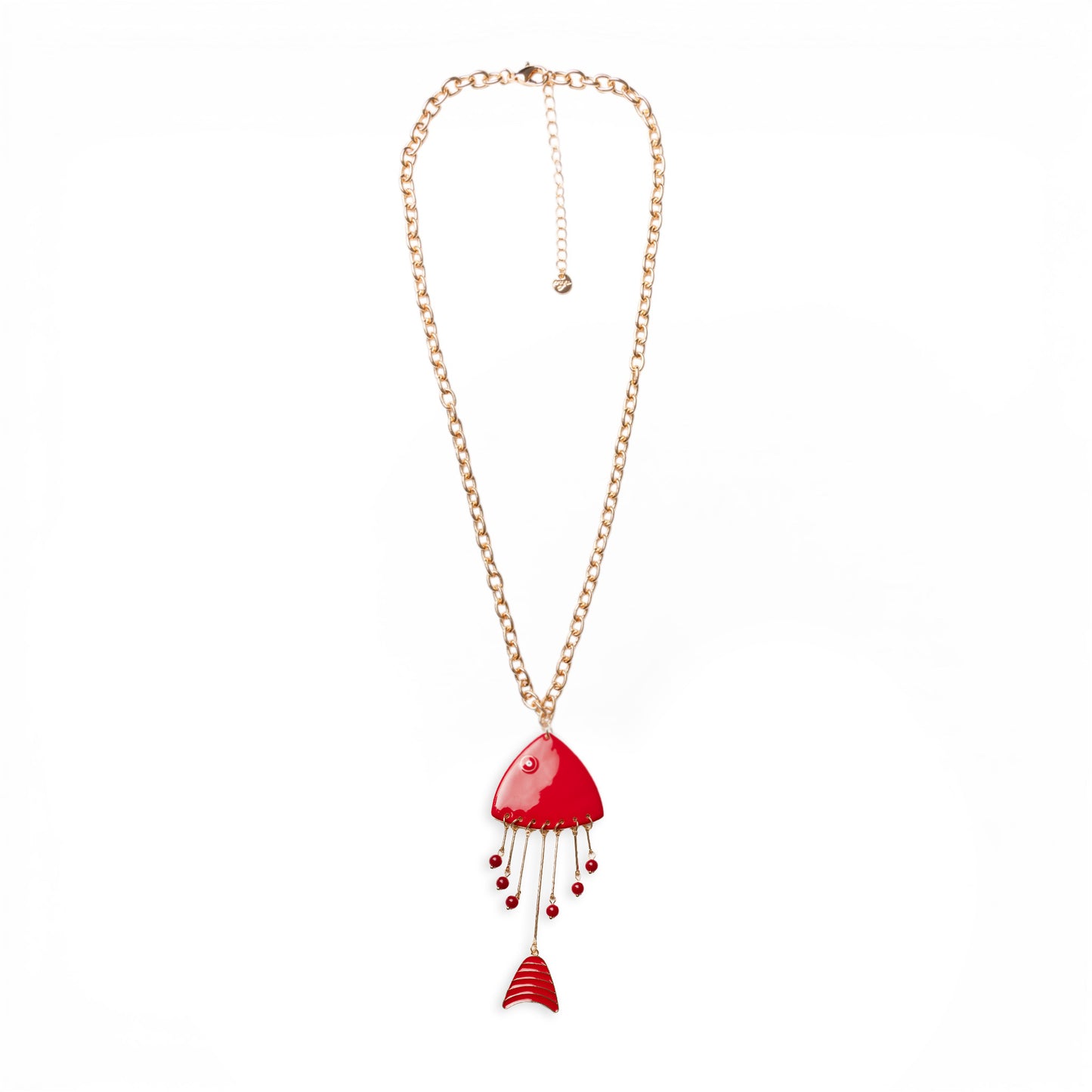 Collana lunga a catena sottile con pendente pesciolino smaltato rosso