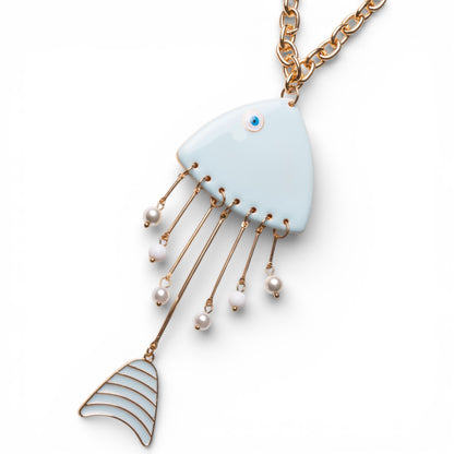 Collana lunga a catena sottile con pendente pesciolino smaltato celeste