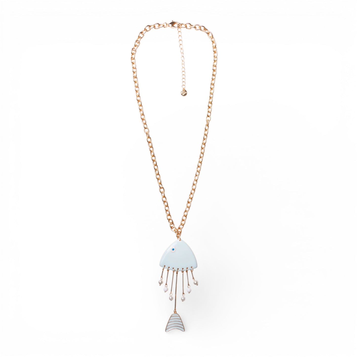 Collana lunga a catena sottile con pendente pesciolino smaltato celeste
