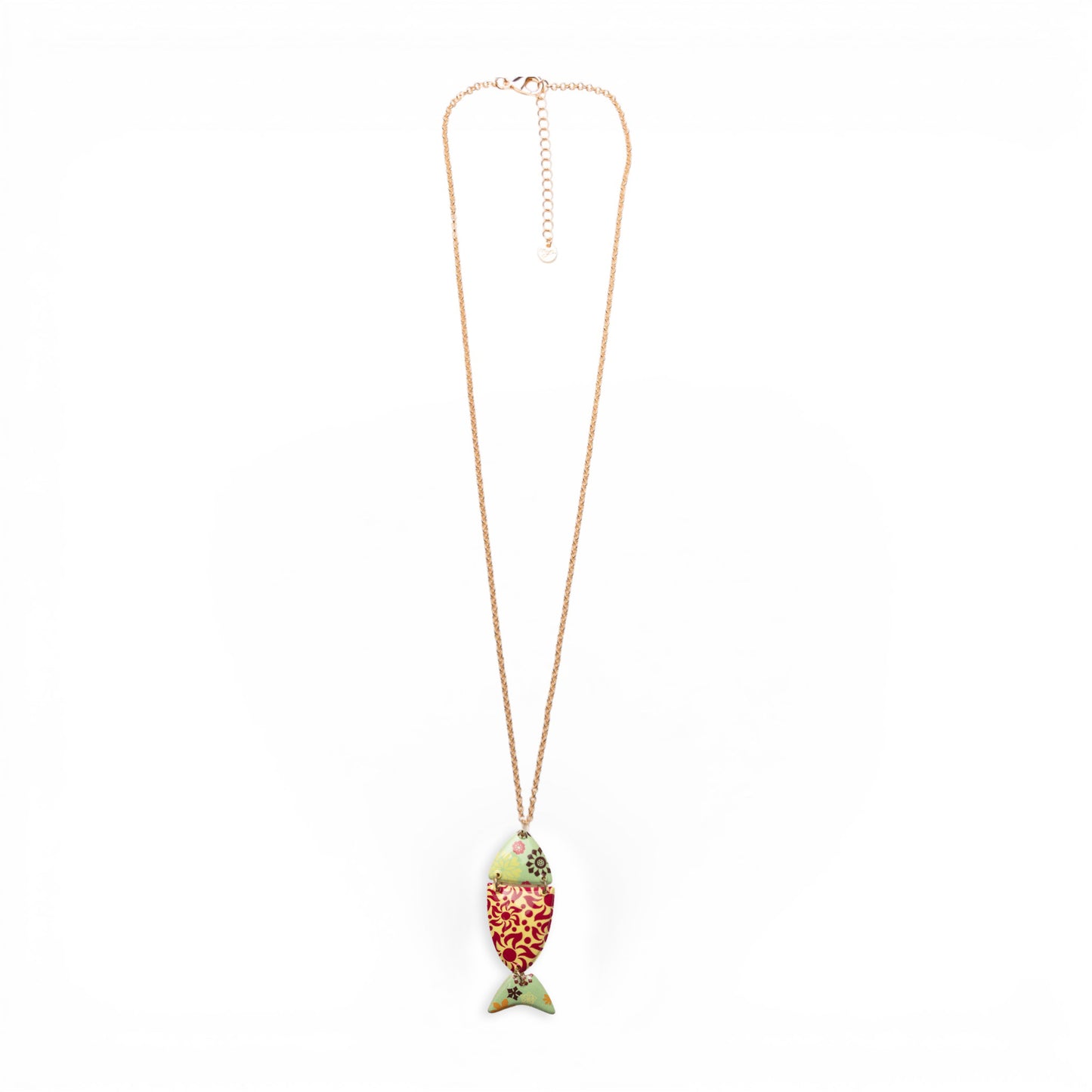 Collana lunga a catena sottile con pendente a pesciolino con texture multicolore