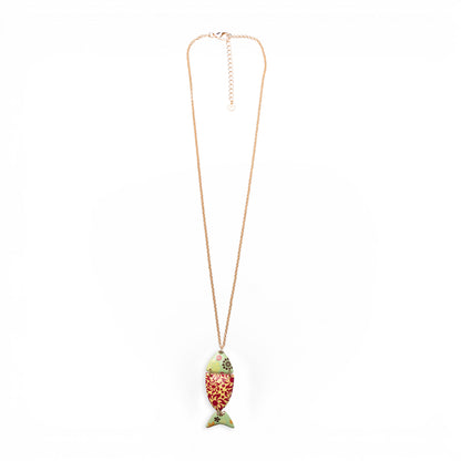 Collana lunga a catena sottile con pendente a pesciolino con texture multicolore