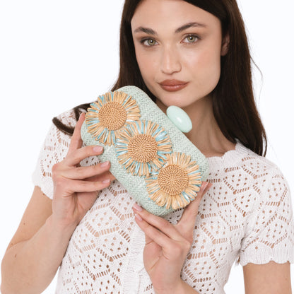 Borsa clutch verde acqua con tre fiori a rilievo