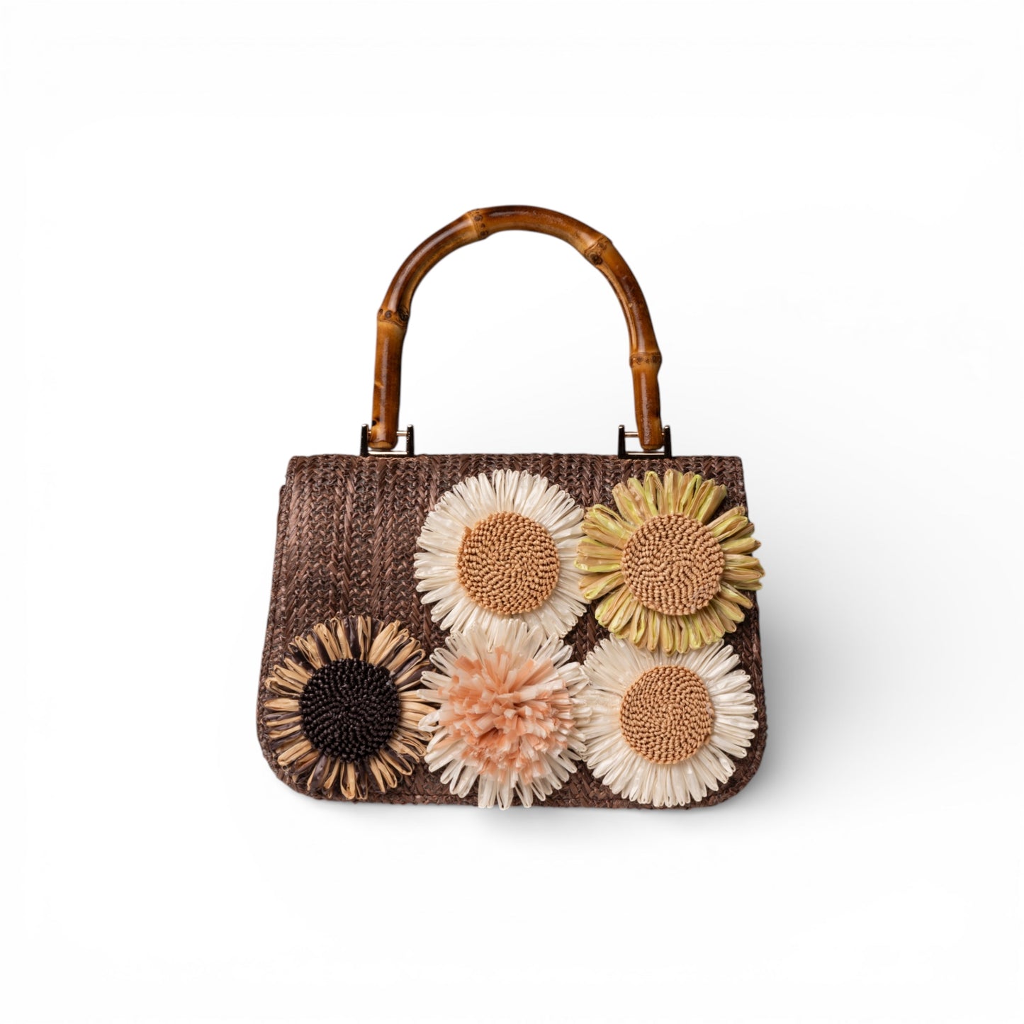 Borsa marrone con manico e fiori a rilievo