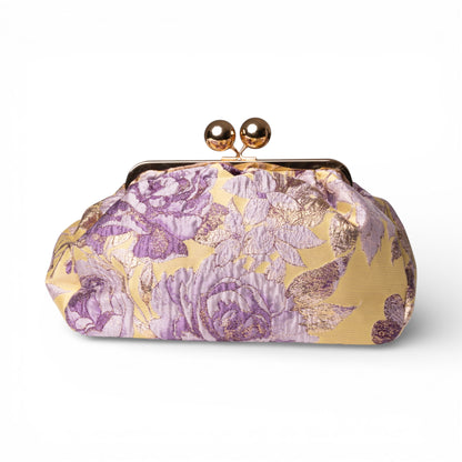 Borsa clutch morbida con motivo floreale viola ed oro