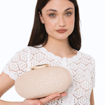 Borsa clutch ovale con finitura glitter oro