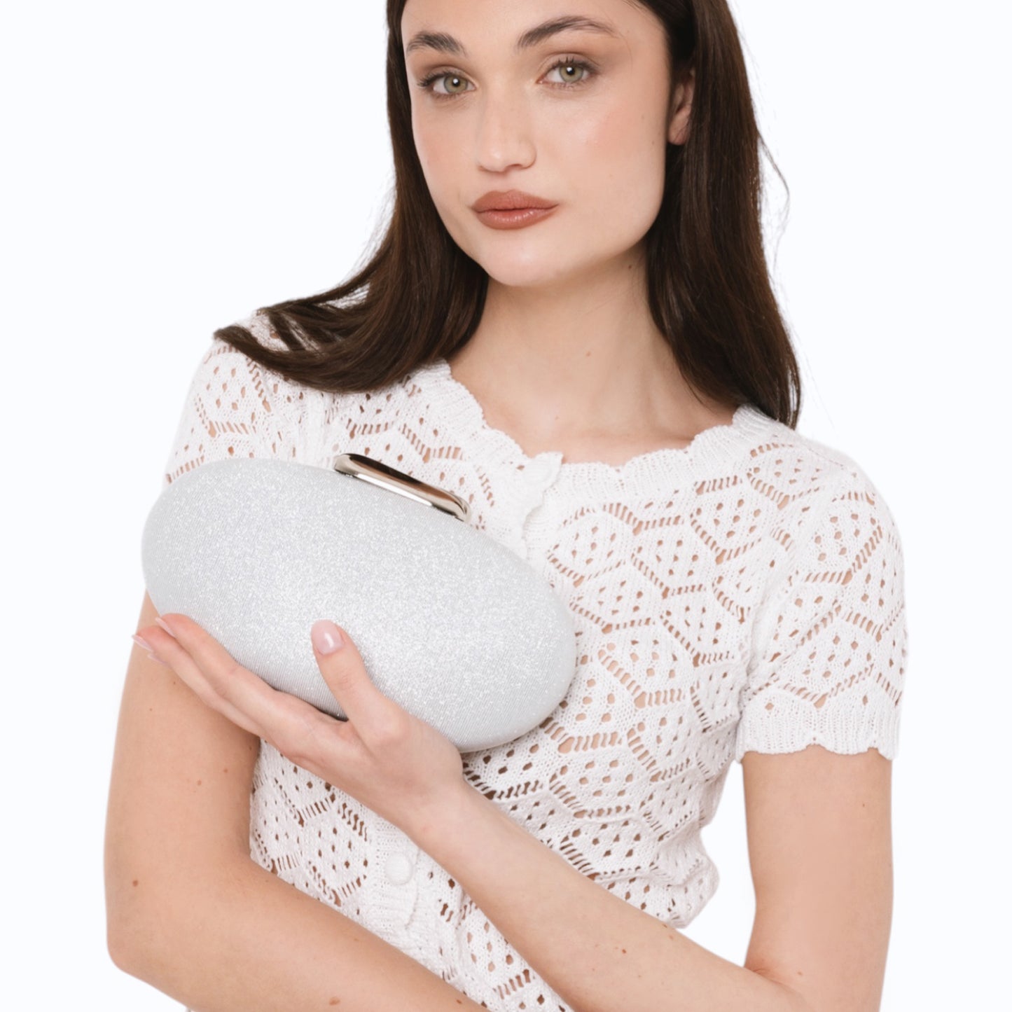 Borsa clutch ovale con finitura glitter argento