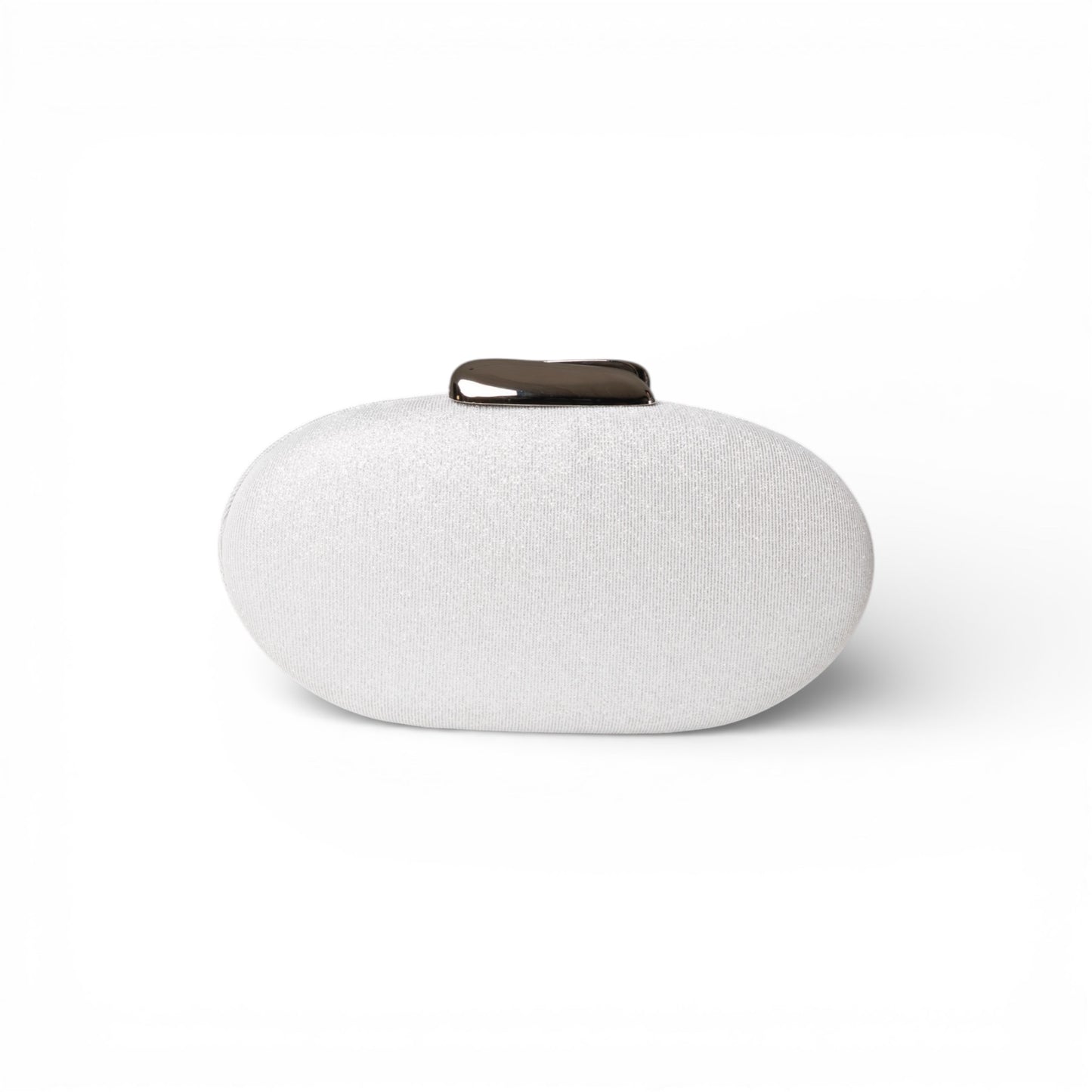 Borsa clutch ovale con finitura glitter argento