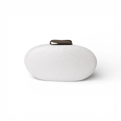 Borsa clutch ovale con finitura glitter argento