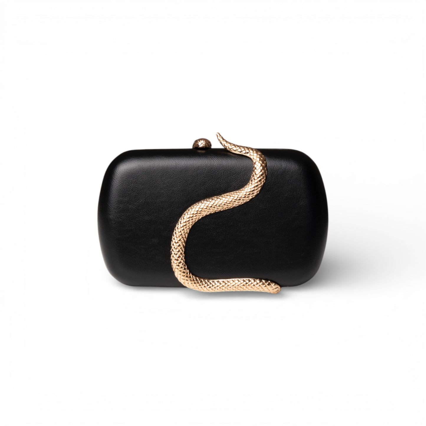 Borsa clutch nera con dettaglio a serpente in metallo
