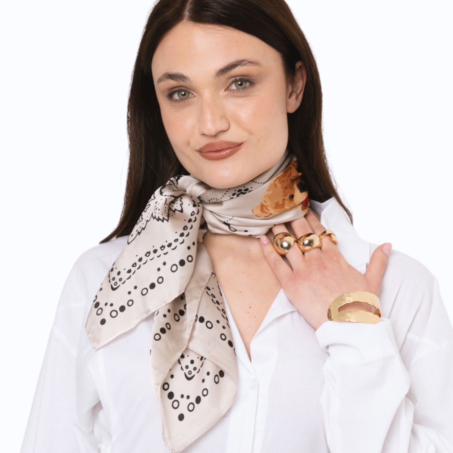 Foulard in seta tortora con stampa ad orsacchiotto