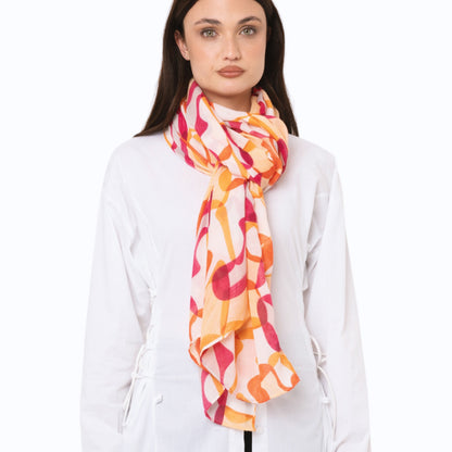 Sciarpa in cotone con stampa tono arancio e fucsia