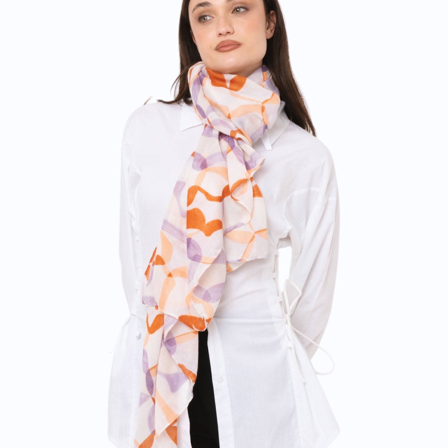 Sciarpa in cotone con stampa tono viola ed arancio