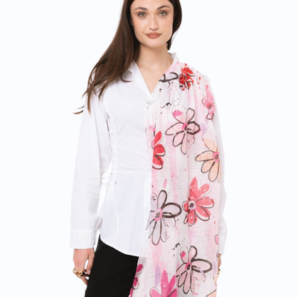 Sciarpa in cotone bianca con stampa a fiori tono rosa