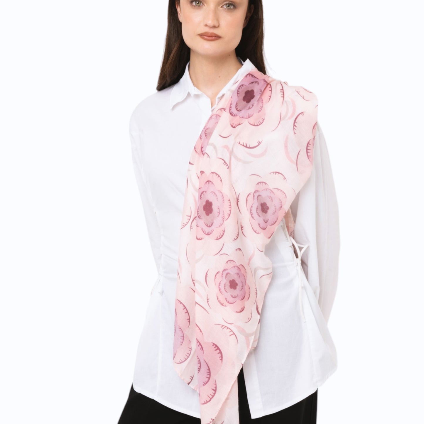 Sciarpa in cotone con motivo a fiori tono rosa