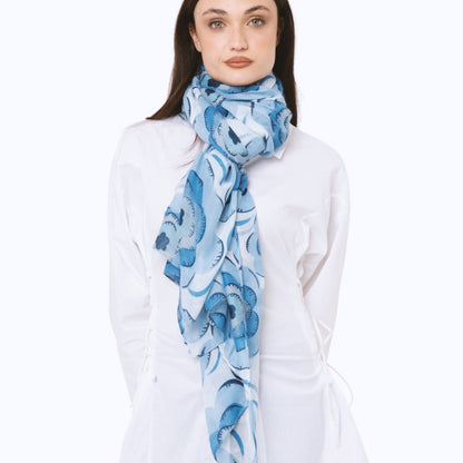 Sciarpa in cotone con motivo a fiori tono blu