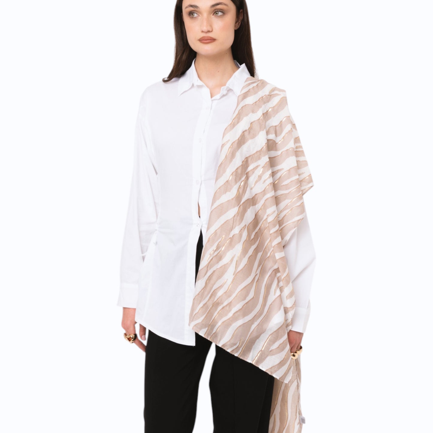 Sciarpa in cotone bianca con stampa animalier tortora