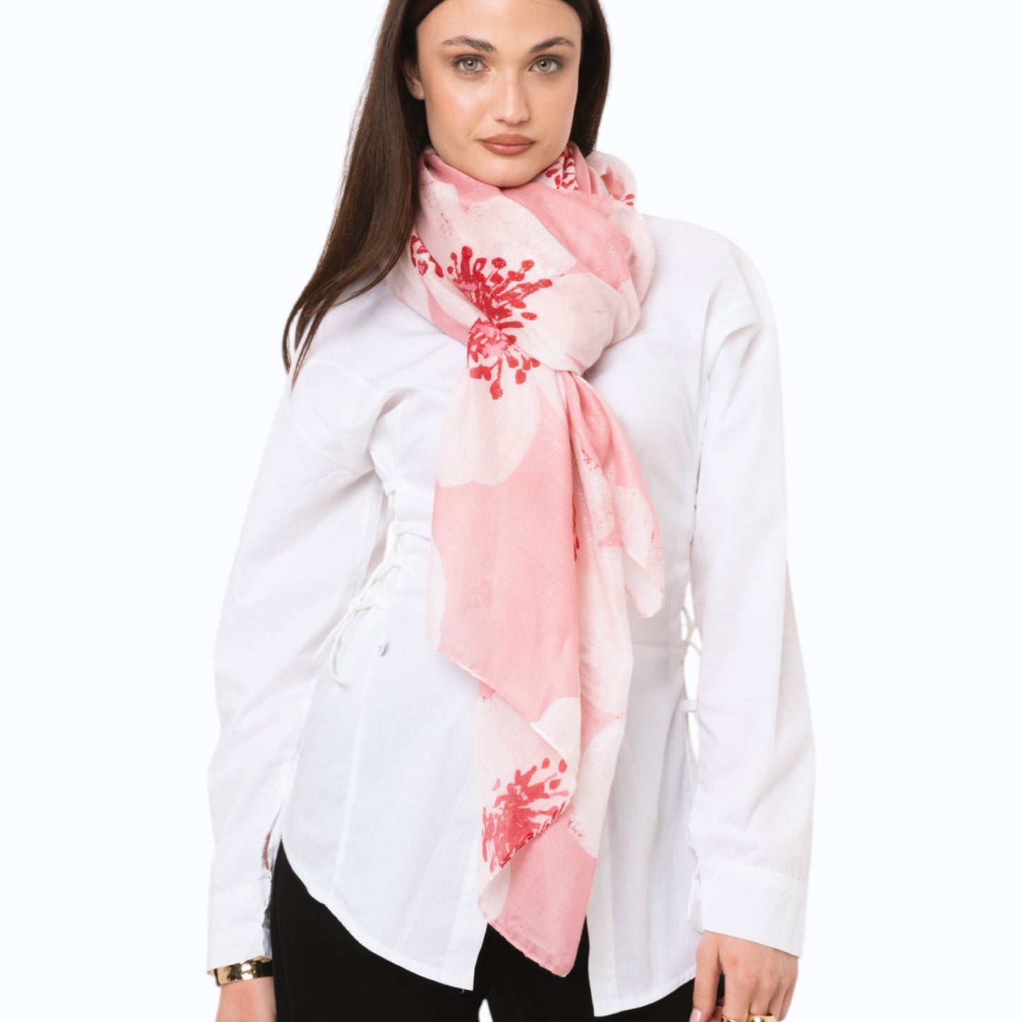 Sciarpa in cotone con stampa a fiore tono rosa