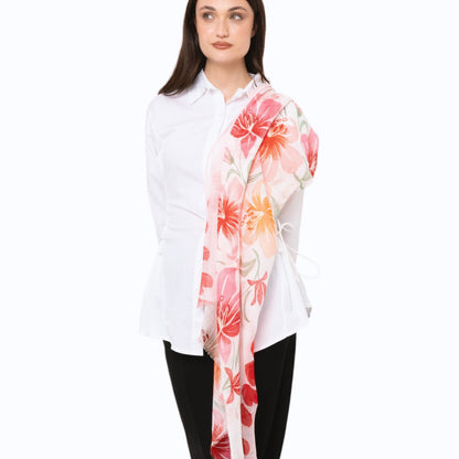 Sciarpa in cotone bianca con stampa floreale tono rosso