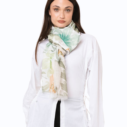 Sciarpa in cotone bianca con stampa floreale tono verde