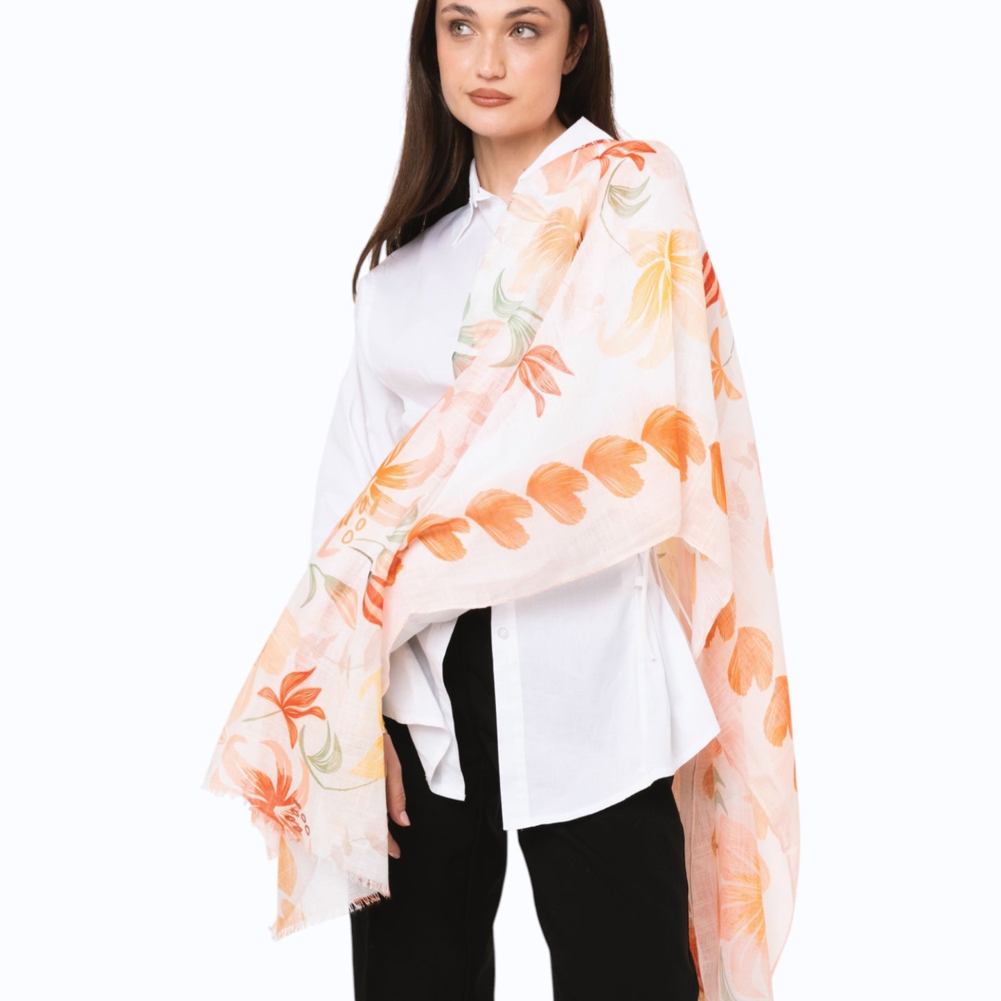Sciarpa in cotone bianca con stampa floreale tono arancio