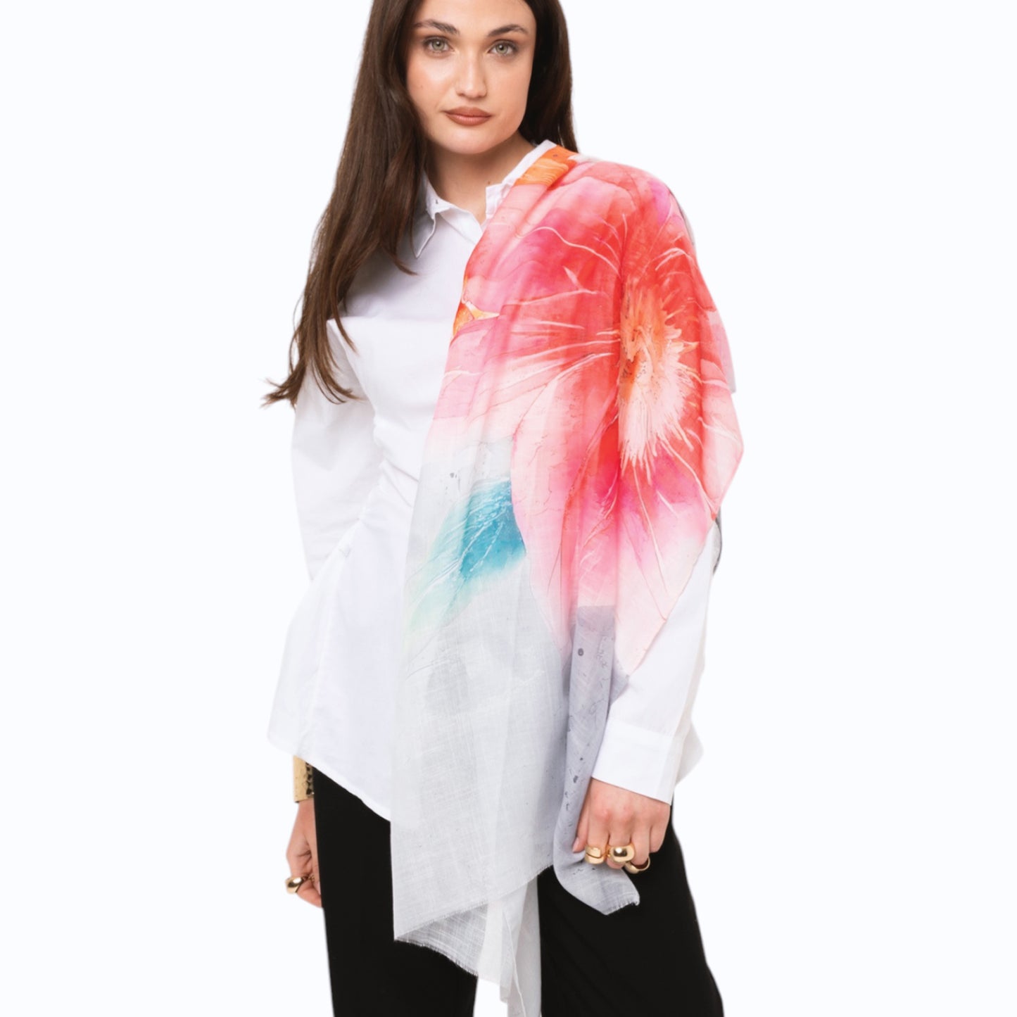 Sciarpa in cotone grigia con stampa floreale multicolore