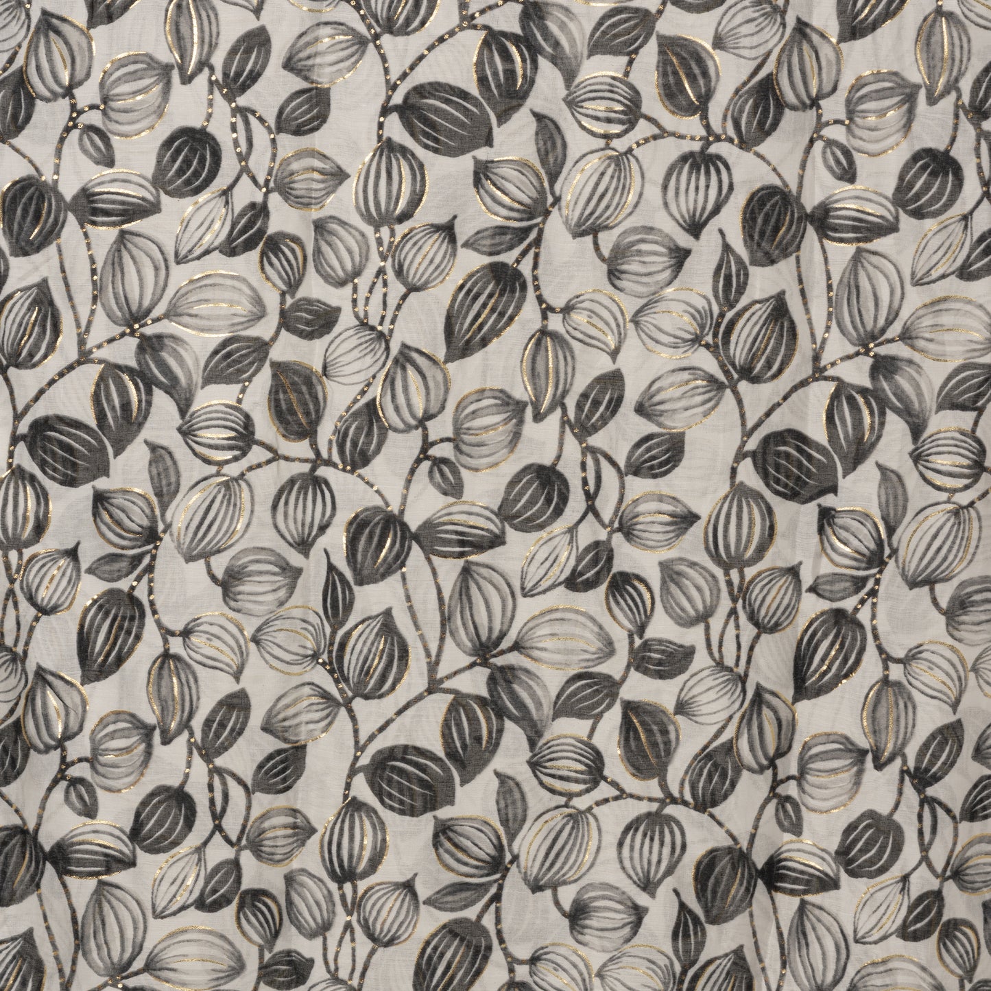 Sciarpa in cotone beige con stampa a foglie nera