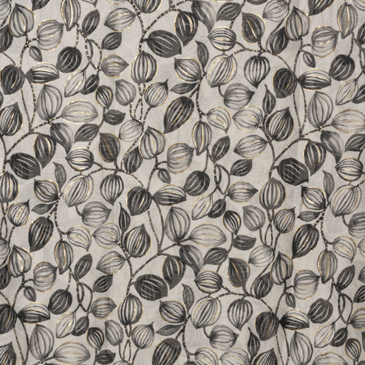 Sciarpa in cotone beige con stampa a foglie nera