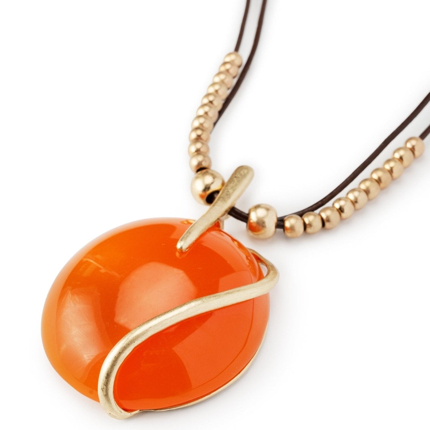Collana lunga con laccio nero, pendente circolare in resina arancio - Mya Accessories