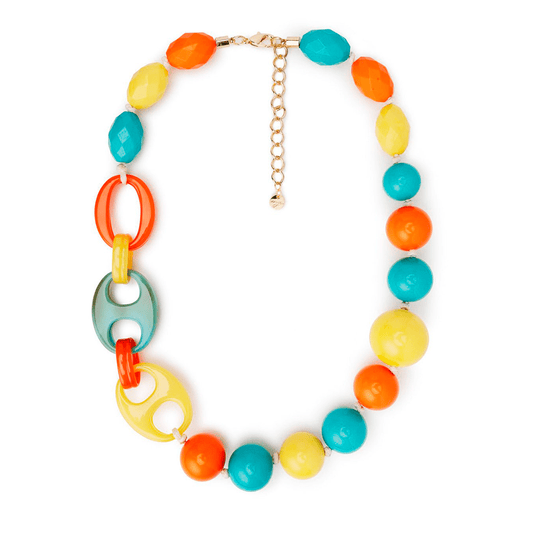 Collana girocollo in acrilico, con sfere gialle, turchese ed arancio - Mya Accessories