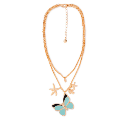 Collana girocollo doppia linea a catena con pendente a farfalla smaltata celeste - Mya Accessories