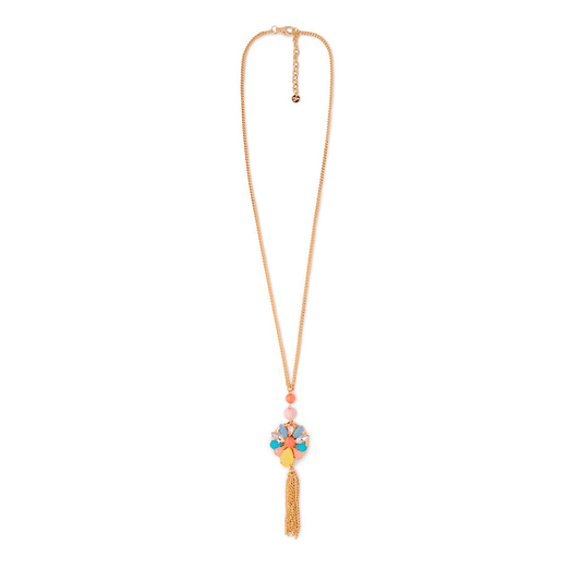 Collana lunga a catena con pendente a fiore in vetro multicolore, con frange - Mya Accessories