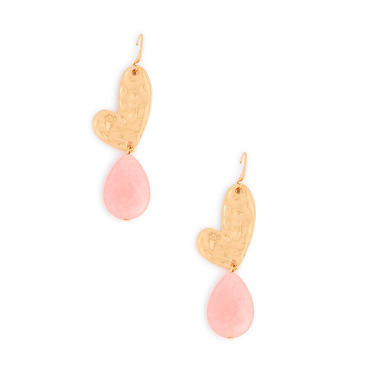 Orecchini pendenti in metallo a cuore, con pietra dura rosa - Mya Accessories