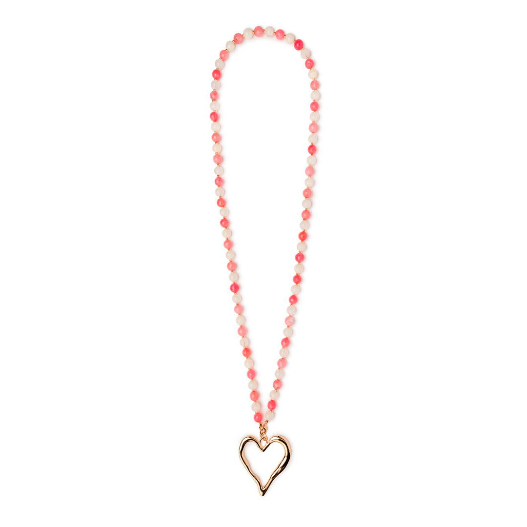 Collana lunga con pietre dure multi rosa e pendente in metallo a forma di cuore - Mya Accessories