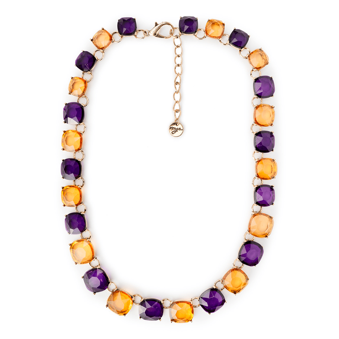 Girocollo in metallo colore bronzo, con pietre in resina trasparenti viola e arancio - Mya Accessories
